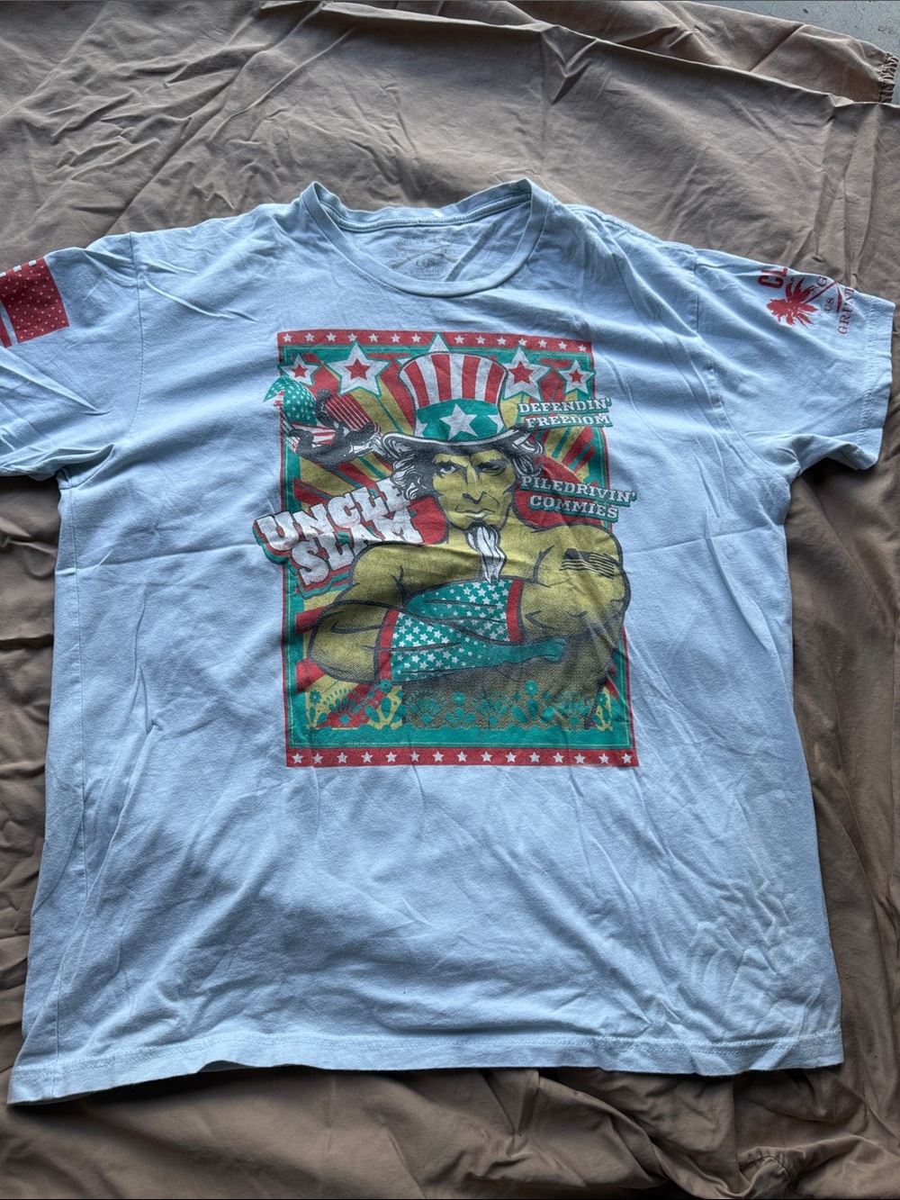 Grand Style Light Blue Short Sleeve Tee with Patriotic Uncle Sam Graphic